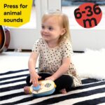 A close-up of the Baby Einstein + Hape Discovery Radio Toy, a small wooden radio with a dial and flexible strap.