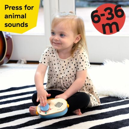 A close-up of the Baby Einstein + Hape Discovery Radio Toy, a small wooden radio with a dial and flexible strap.