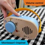 A close-up of the Baby Einstein + Hape Discovery Radio Toy, a small wooden radio with a dial and flexible strap.