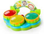 A Bright Starts Safari Beats musical drum toy featuring three colorful drums with lights, designed for babies aged 3 months a
