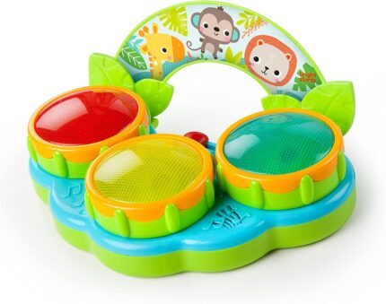 A Bright Starts Safari Beats musical drum toy featuring three colorful drums with lights, designed for babies aged 3 months a