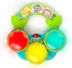 A Bright Starts Safari Beats musical drum toy featuring three colorful drums with lights, designed for babies aged 3 months a