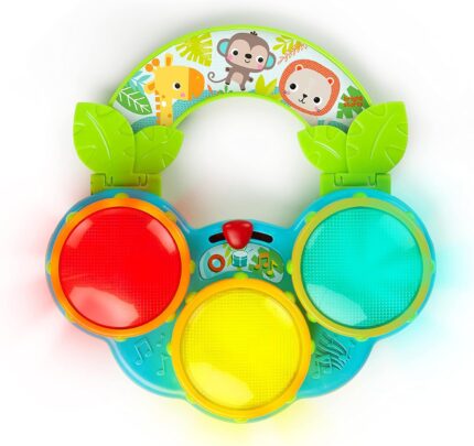 A Bright Starts Safari Beats musical drum toy featuring three colorful drums with lights, designed for babies aged 3 months a