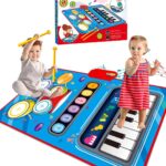 A blue DQMOON musical mat with piano keys and a drum pad, with two drumsticks, designed for toddlers.