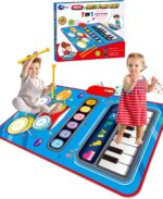 A blue DQMOON musical mat with piano keys and a drum pad, with two drumsticks, designed for toddlers.