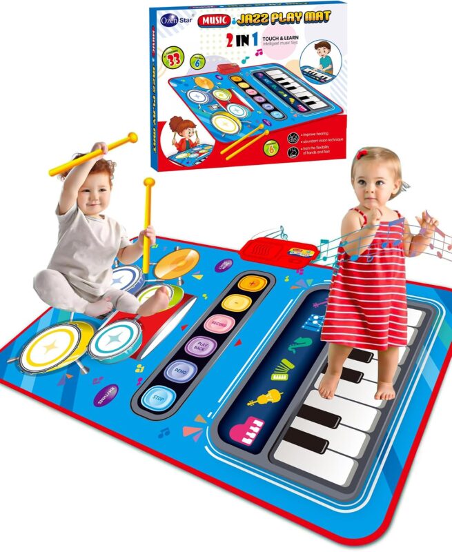A blue DQMOON musical mat with piano keys and a drum pad, with two drumsticks, designed for toddlers.