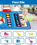 A blue DQMOON musical mat with piano keys and a drum pad, with two drumsticks, designed for toddlers.