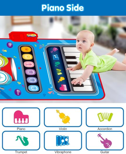 A blue DQMOON musical mat with piano keys and a drum pad, with two drumsticks, designed for toddlers.