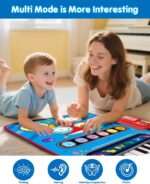 A blue DQMOON musical mat with piano keys and a drum pad, with two drumsticks, designed for toddlers.