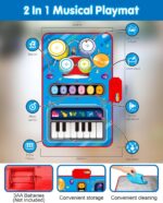 A blue DQMOON musical mat with piano keys and a drum pad, with two drumsticks, designed for toddlers.