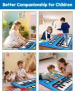 A blue DQMOON musical mat with piano keys and a drum pad, with two drumsticks, designed for toddlers.