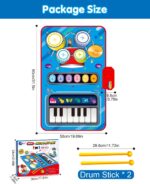 A blue DQMOON musical mat with piano keys and a drum pad, with two drumsticks, designed for toddlers.