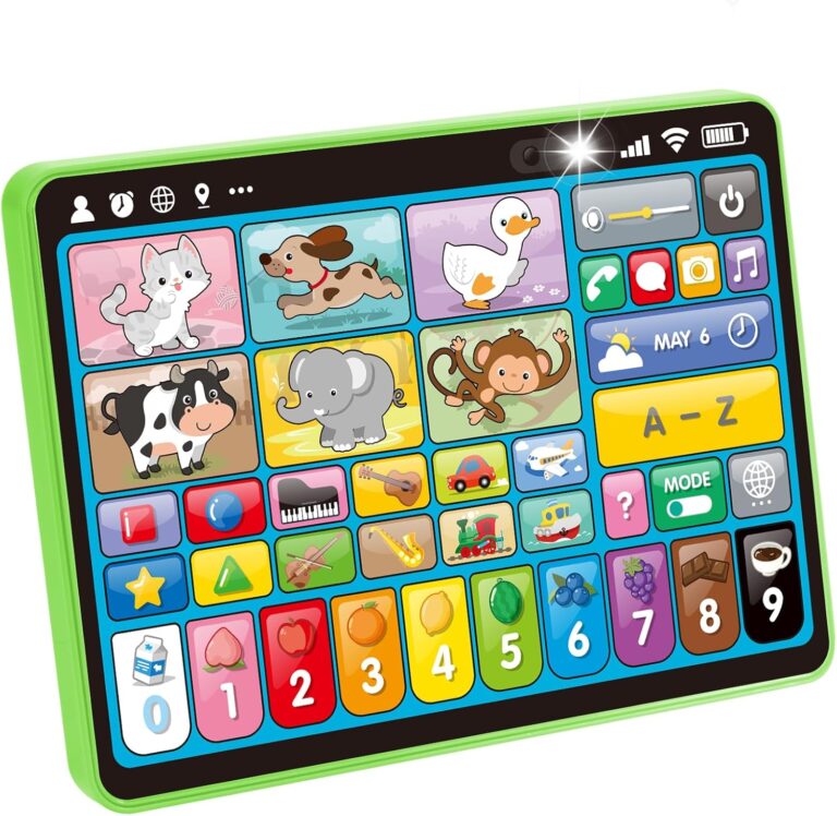 Green hahaland 5-Language Learning Tablet for toddlers with various colorful icons and buttons, designed for early education.