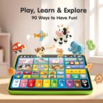Green hahaland 5-Language Learning Tablet for toddlers with various colorful icons and buttons, designed for early education.
