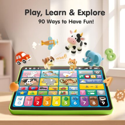 Green hahaland 5-Language Learning Tablet for toddlers with various colorful icons and buttons, designed for early education.
