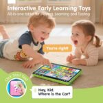 Green hahaland 5-Language Learning Tablet for toddlers with various colorful icons and buttons, designed for early education.
