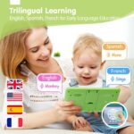 Green hahaland 5-Language Learning Tablet for toddlers with various colorful icons and buttons, designed for early education.