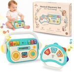 A happiegg 2-in-1 baby musical toy set, including a music player and a light-up tambourine, on a white background.