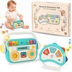 A happiegg 2-in-1 baby musical toy set, including a music player and a light-up tambourine, on a white background.