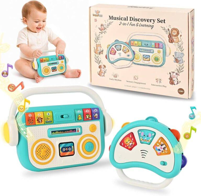 A happiegg 2-in-1 baby musical toy set, including a music player and a light-up tambourine, on a white background.