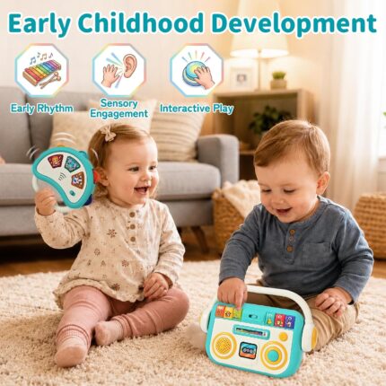 A happiegg 2-in-1 baby musical toy set, including a music player and a light-up tambourine, on a white background.