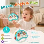 A happiegg 2-in-1 baby musical toy set, including a music player and a light-up tambourine, on a white background.