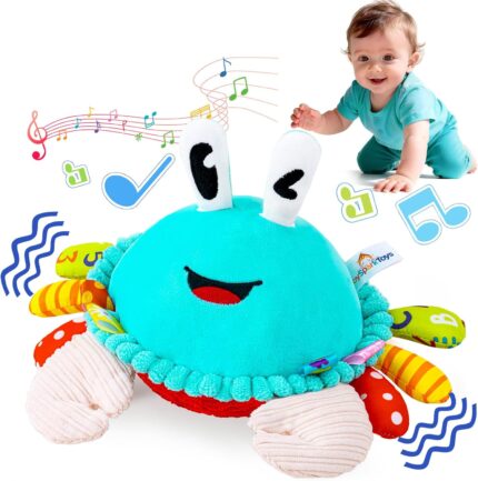 A cyan plush crab toy with large eyes and a friendly smile, shown in a crawling position with musical notes around it.