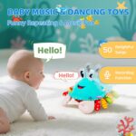 A cyan plush crab toy with large eyes and a friendly smile, shown in a crawling position with musical notes around it.
