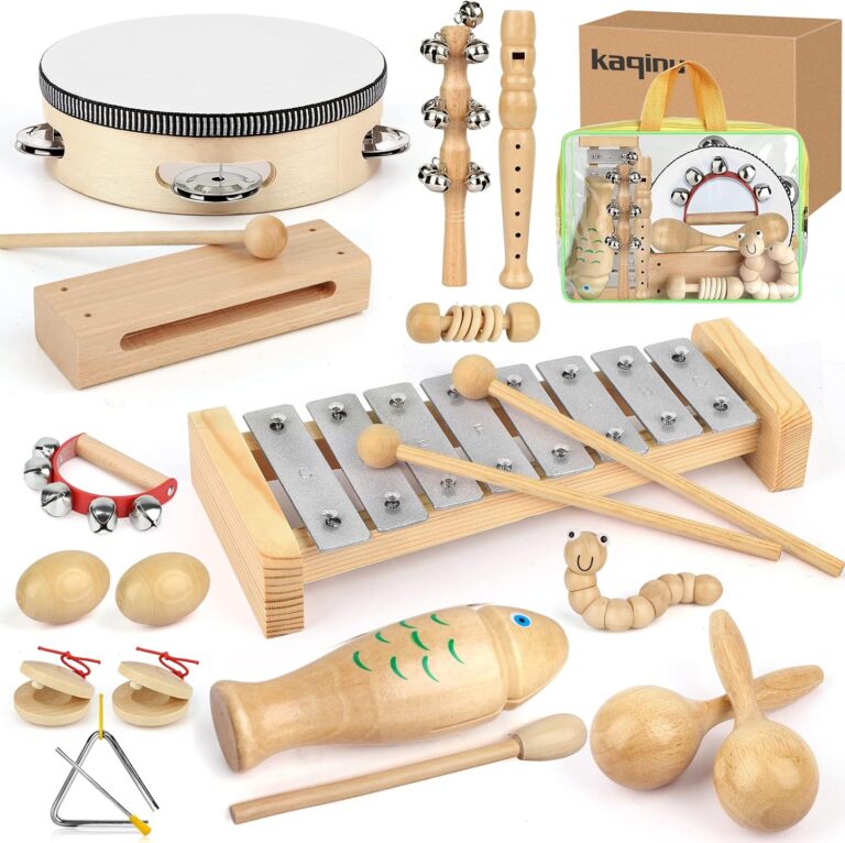 A kaqinu 23-piece set of natural wood musical instruments for kids, including a xylophone, tambourine, and various percussion