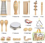 A kaqinu 23-piece set of natural wood musical instruments for kids, including a xylophone, tambourine, and various percussion