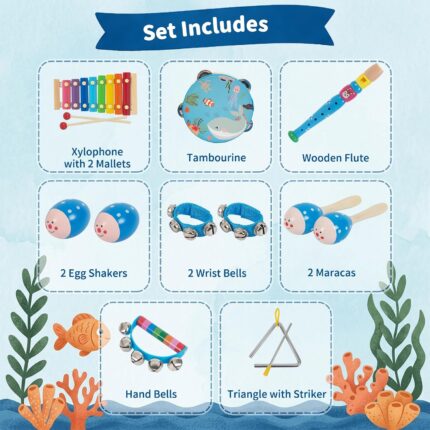 A blue fabric bag containing 14 wooden musical instruments, including a small xylophone, maracas, and tambourine.