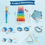 A blue fabric bag containing 14 wooden musical instruments, including a small xylophone, maracas, and tambourine.