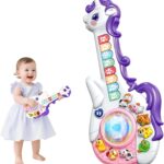 Purple Marstone Unicorn Musical Learning Guitar for toddlers, showing number and letter keys, and animal buttons.