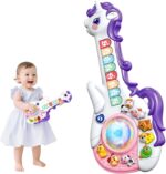 Purple Marstone Unicorn Musical Learning Guitar for toddlers, showing number and letter keys, and animal buttons.