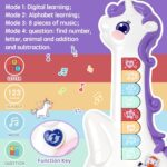 Purple Marstone Unicorn Musical Learning Guitar for toddlers, showing number and letter keys, and animal buttons.