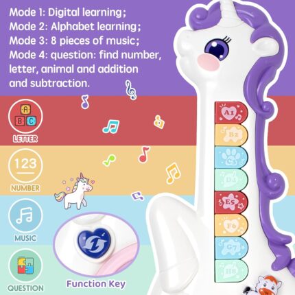 Purple Marstone Unicorn Musical Learning Guitar for toddlers, showing number and letter keys, and animal buttons.