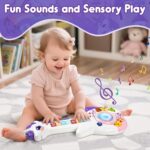 Purple Marstone Unicorn Musical Learning Guitar for toddlers, showing number and letter keys, and animal buttons.
