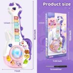 Purple Marstone Unicorn Musical Learning Guitar for toddlers, showing number and letter keys, and animal buttons.