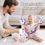 Purple Marstone Unicorn Musical Learning Guitar for toddlers, showing number and letter keys, and animal buttons.
