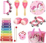A pink MAXZONE 12-piece wooden musical instrument set for kids, including a tambourine, xylophone, maracas, and wrist bells.