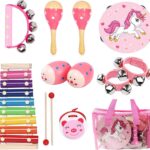 A pink MAXZONE 12-piece wooden musical instrument set for kids, including a tambourine, xylophone, maracas, and wrist bells.