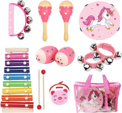 A pink MAXZONE 12-piece wooden musical instrument set for kids, including a tambourine, xylophone, maracas, and wrist bells.