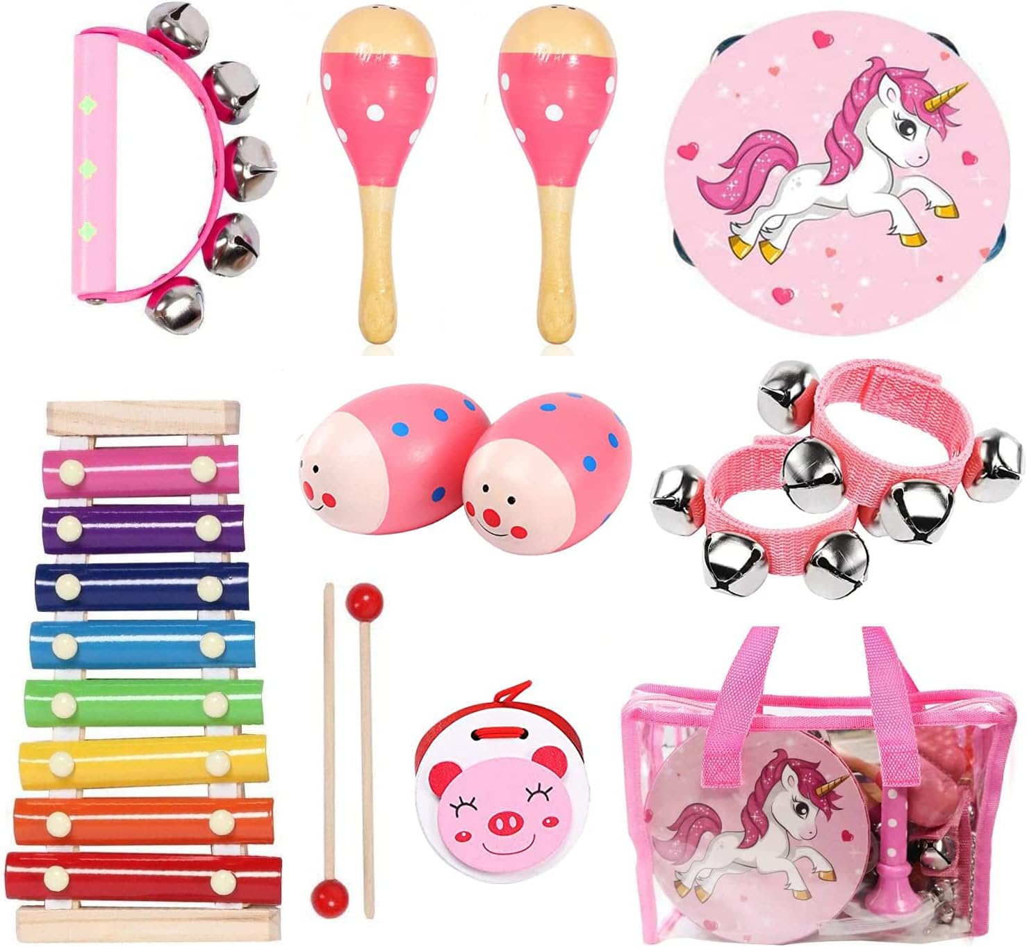 maxzone-12-piece-pink-wooden-percussion-instrument-set-for-kids-01 A pink MAXZONE 12-piece wooden musical instrument set for kids, including a tambourine, xylophone, maracas, and wrist bells.