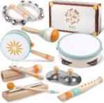 An 8-piece set of Meytccve Montessori wooden musical instruments for toddlers, including a tambourine, maracas, hand bells, f
