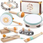 An 8-piece set of Meytccve Montessori wooden musical instruments for toddlers, including a tambourine, maracas, hand bells, f