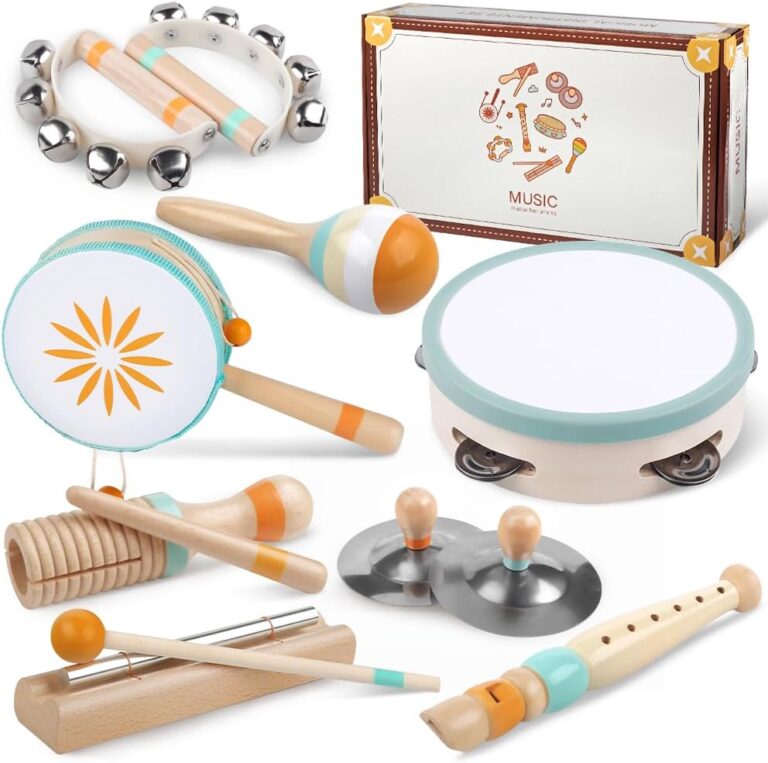 An 8-piece set of Meytccve Montessori wooden musical instruments for toddlers, including a tambourine, maracas, hand bells, f