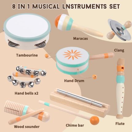 An 8-piece set of Meytccve Montessori wooden musical instruments for toddlers, including a tambourine, maracas, hand bells, f