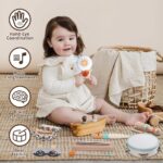 An 8-piece set of Meytccve Montessori wooden musical instruments for toddlers, including a tambourine, maracas, hand bells, f