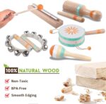 An 8-piece set of Meytccve Montessori wooden musical instruments for toddlers, including a tambourine, maracas, hand bells, f