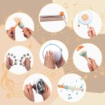 An 8-piece set of Meytccve Montessori wooden musical instruments for toddlers, including a tambourine, maracas, hand bells, f